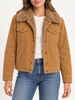 Lilu Camel Corduroy Trucker Jacket Sherpa Collar Quilted Lined Large